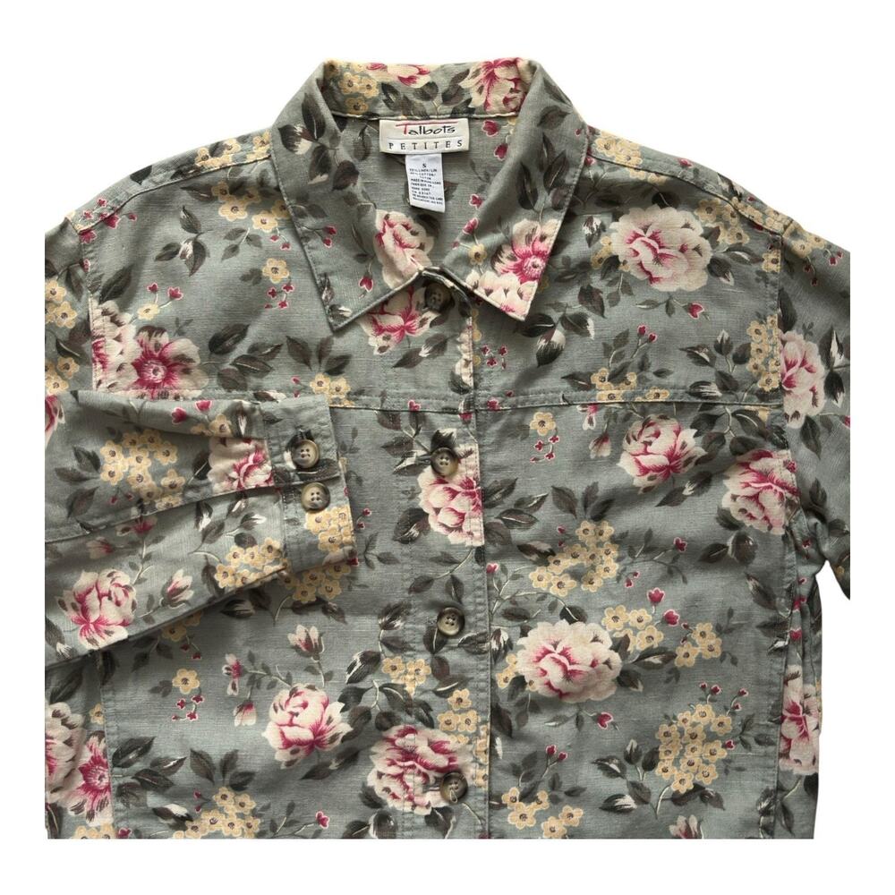 Talbots Linen Blend Jacket Women's Size Petite Small Button Up Green Floral
